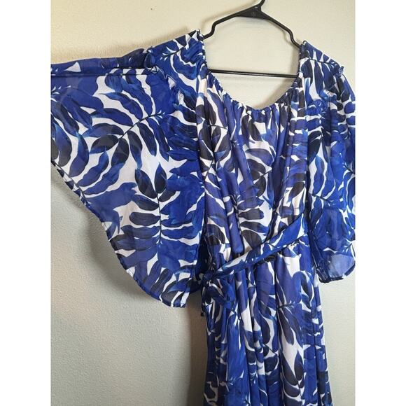 Une Ame Blue Floral Boho Bell Sleeve Off The Shoulder Maxi Dress Large Womens - Picture 2 of 6